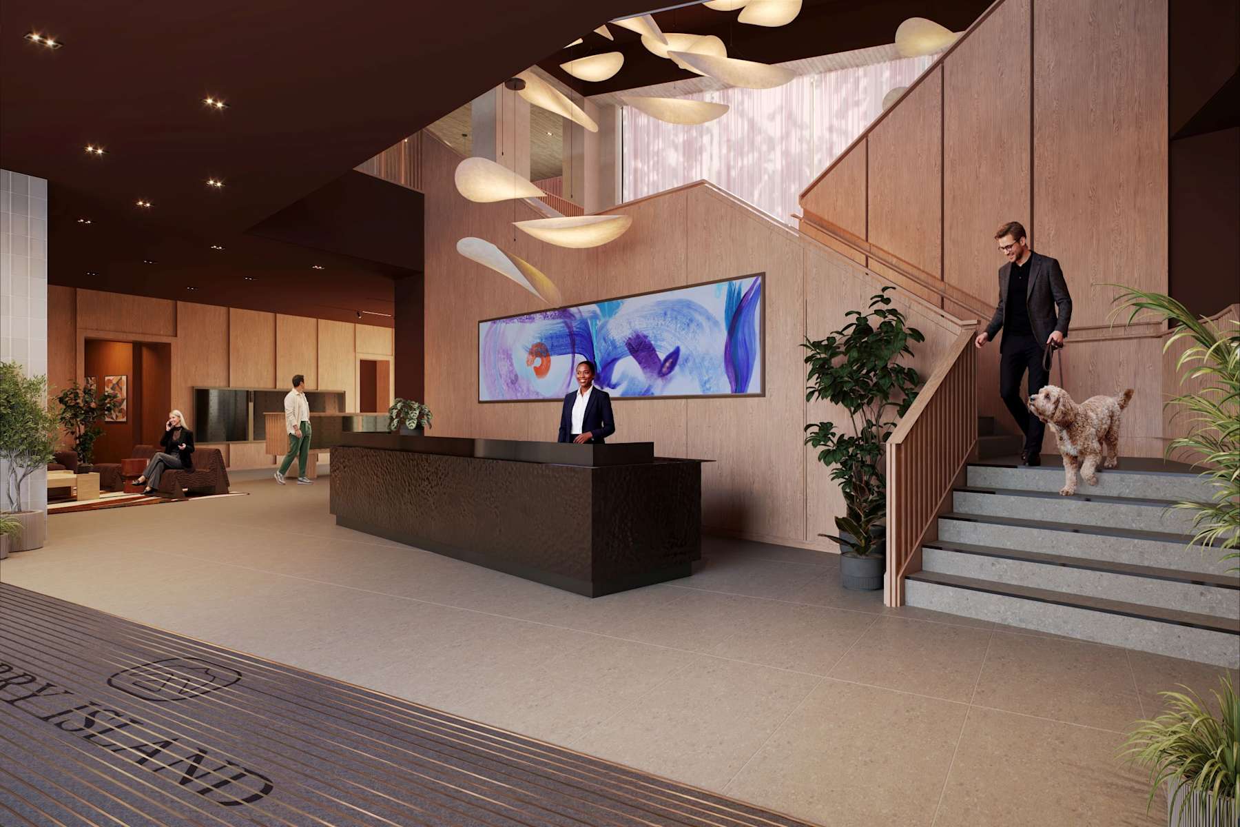 The Ferry Island reception, with a concierge and a resident's dog