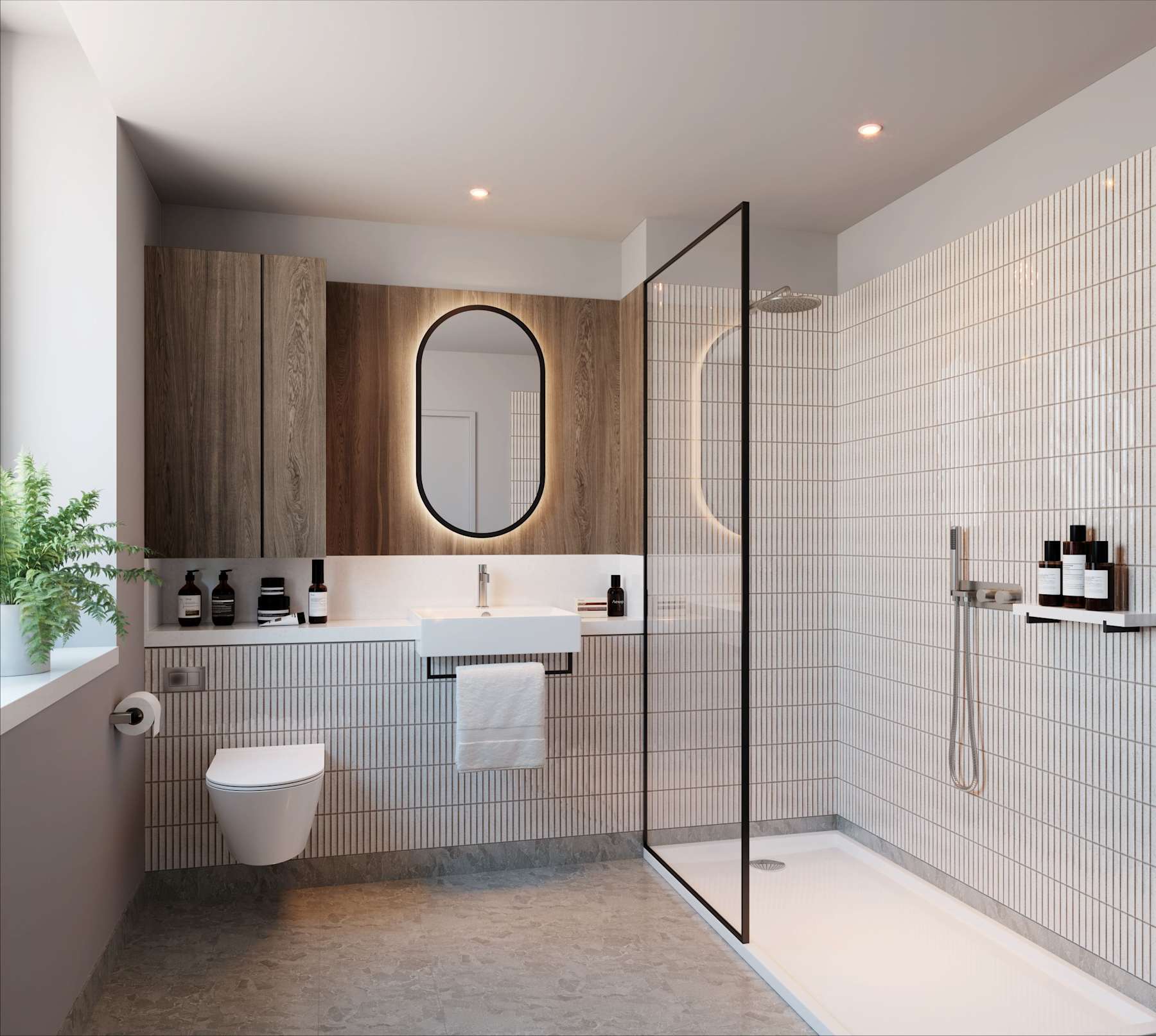 A modern en-suite bathroom with a walk-in rainfall shower